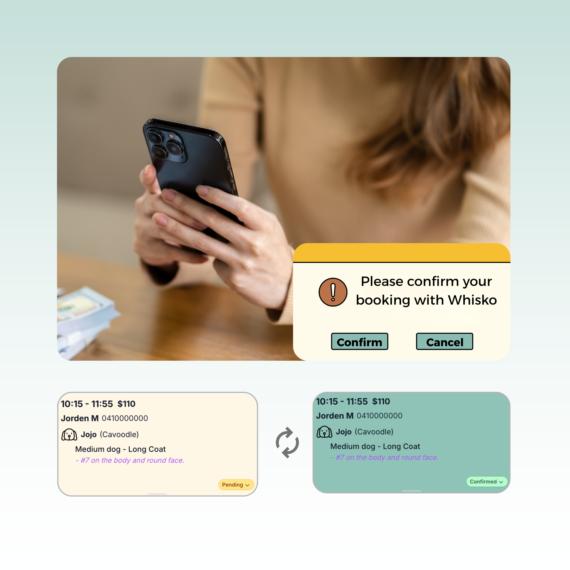 Whisko auto confirmation feature showing booking confirmation dialog and status change from pending to confirmed
