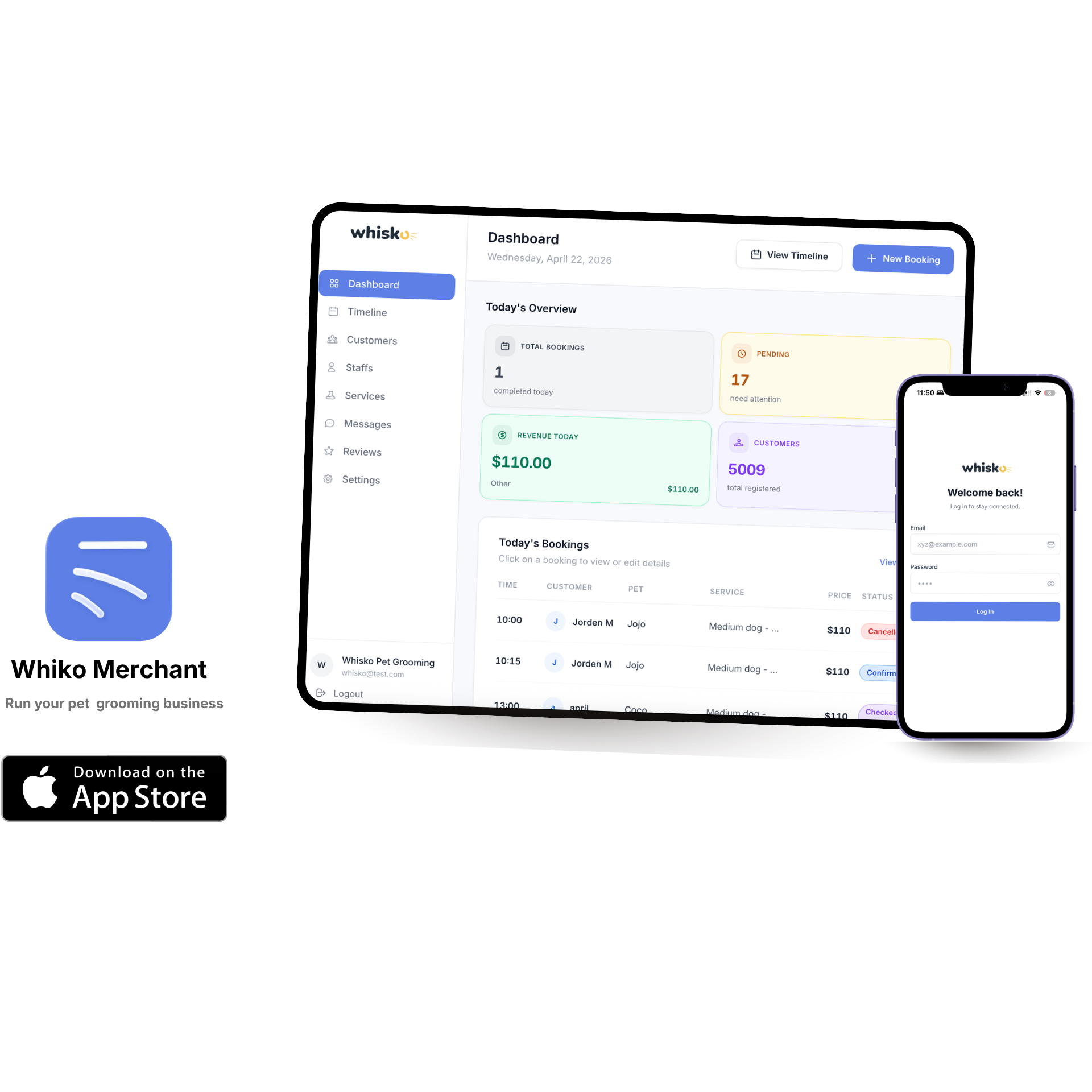 Whisko Merchant app showing dashboard on iPad and login screen on iPhone with App Store download badge