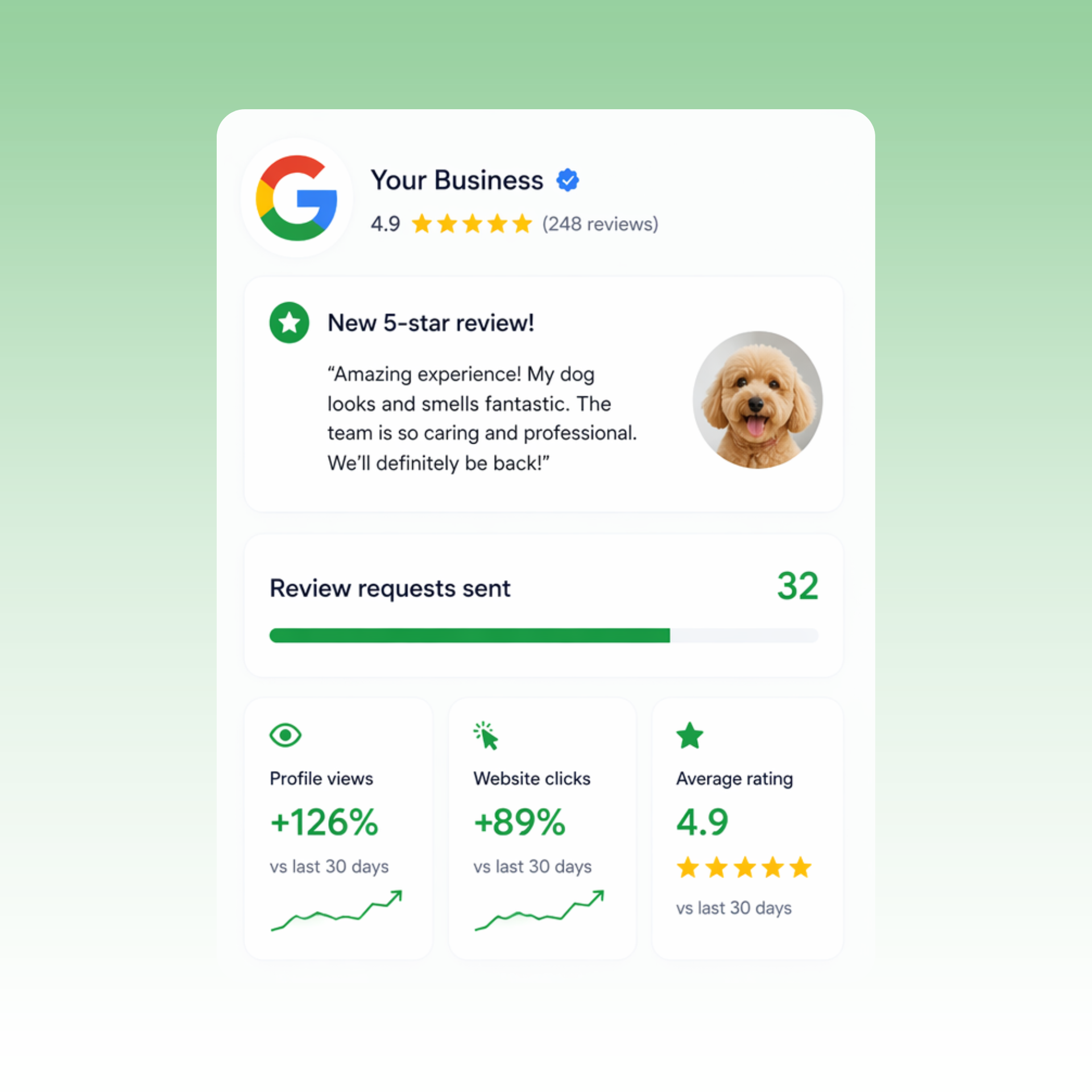 Google Business profile showing 4.9 rating with 248 reviews, new 5-star review notification, review requests progress bar, and analytics metrics showing +126% profile views, +89% website clicks