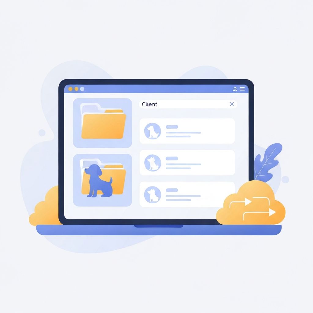 Data migration illustration showing laptop with client data being synced to cloud