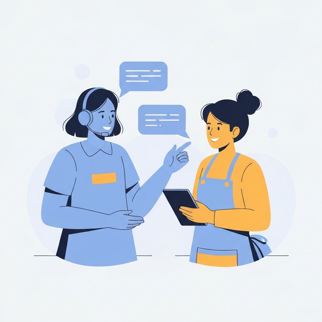 Support illustration showing two people in conversation with speech bubbles