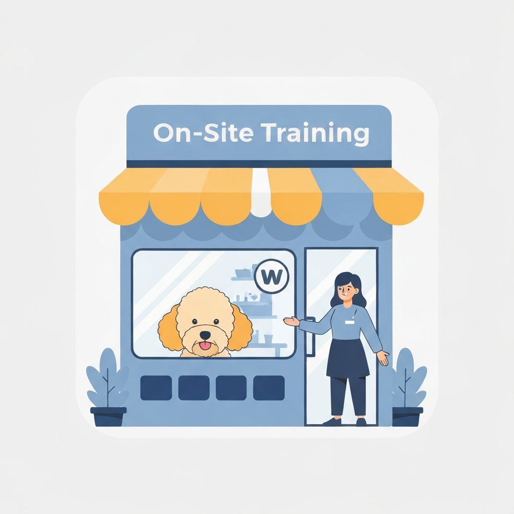 Pet grooming salon storefront with a cute fluffy dog