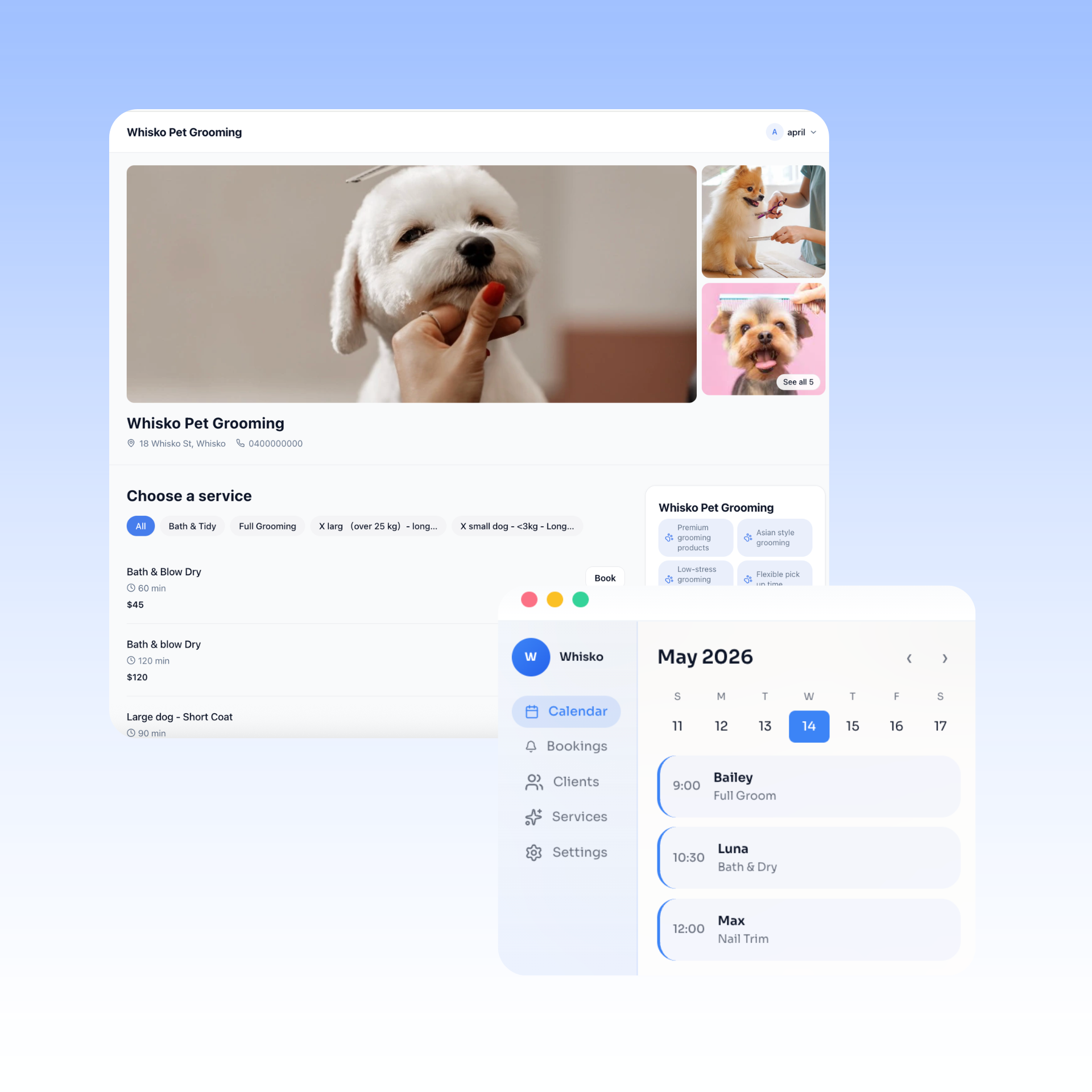 Whisko online booking page with calendar management interface - clients can book services 24/7