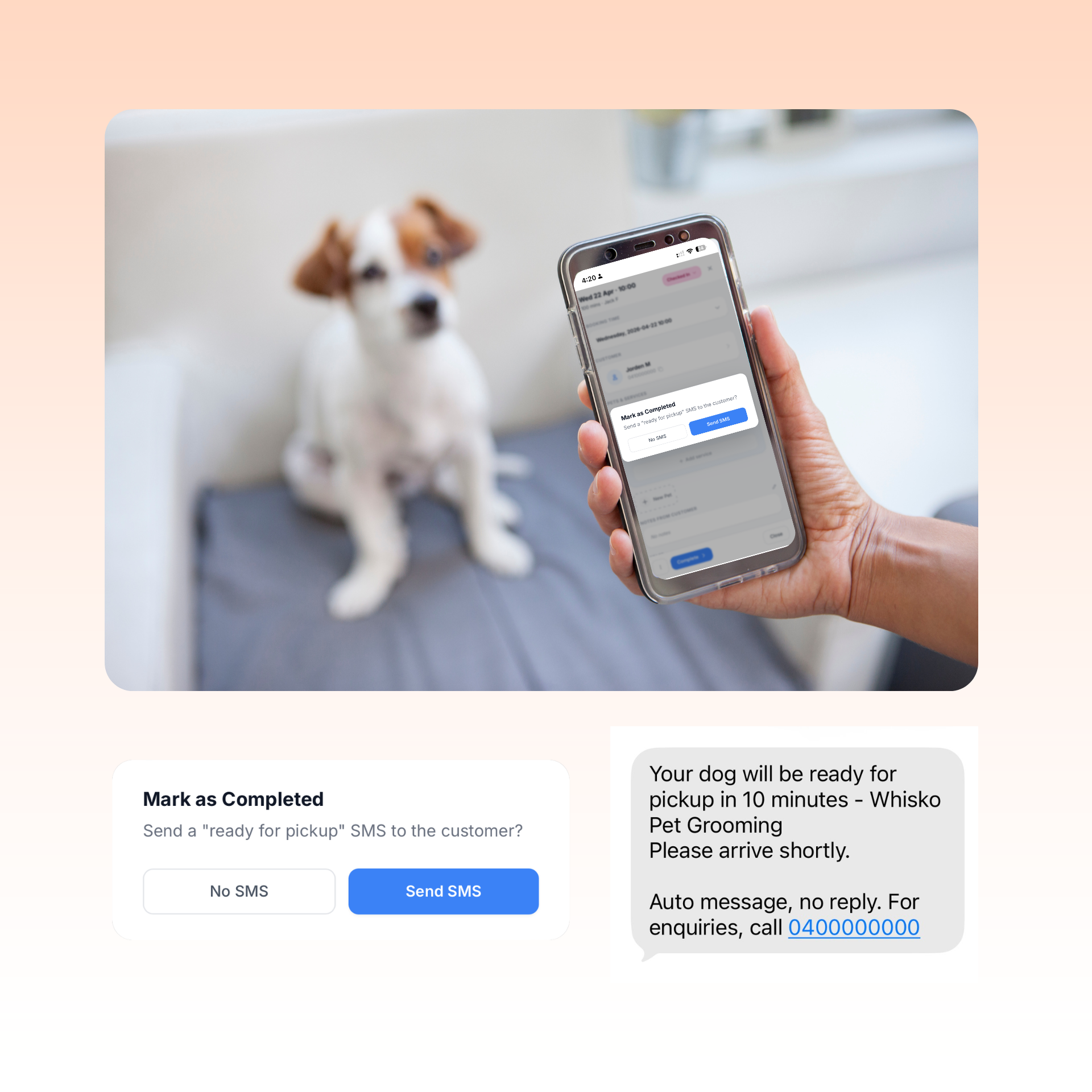 Whisko SMS notification feature - send pickup notifications to pet parents instantly with one click